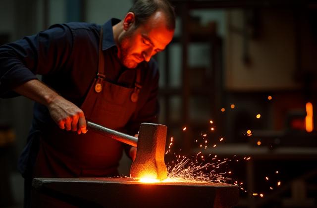 뜨겁게 달궈진 금속을 단조하는 숙련된 장인의 모습