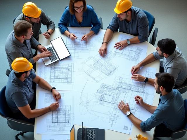 건축 도면을 펼쳐놓고 상의하는 건축 엔지니어들