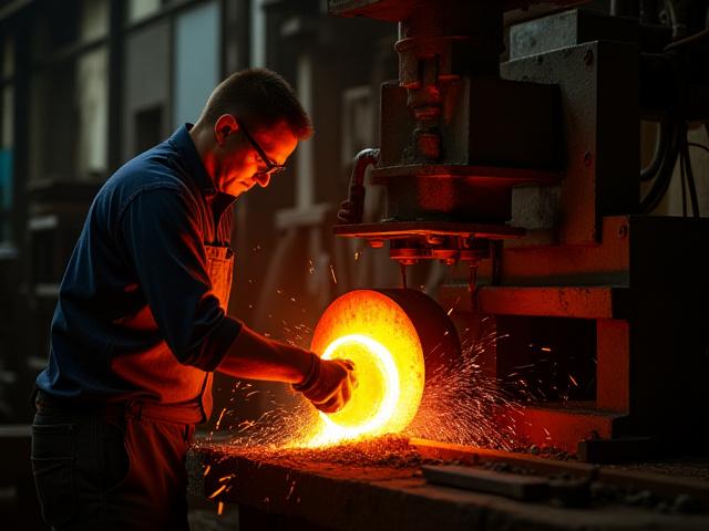 뜨거운 금속을 단조하여 중장비 부품을 만드는 숙련된 작업자