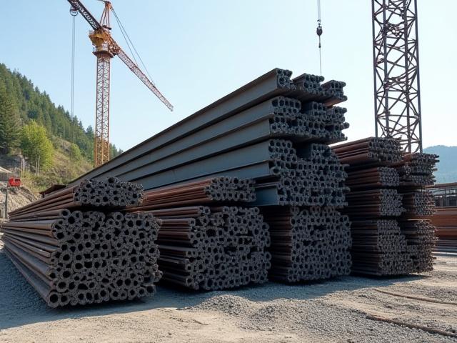 건설 현장에 쌓여 있는 고품질 구조용 강철 빔과 철근